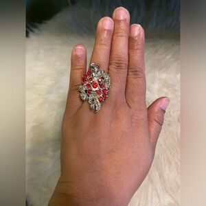 Statement silver and red stone adjustable ring